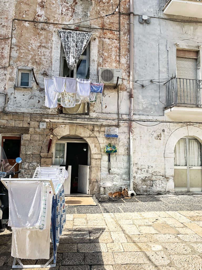 Le strade di Bari vecchia con stenditi, moto e cani